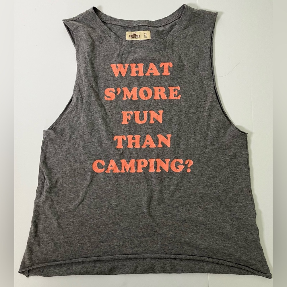 HOLLISTER Charcoal Heather Graphic Muscle Tank | Camping S'mores Graphic